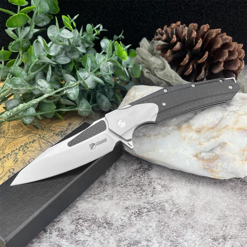 KV-Venom Folding Knife 4.02" D2 Satin Drop Point Blade, Carbon Fiber + Aluminum Handles