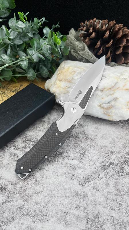 KV-Venom Folding Knife 4.02" D2 Satin Drop Point Blade, Carbon Fiber + Aluminum Handles