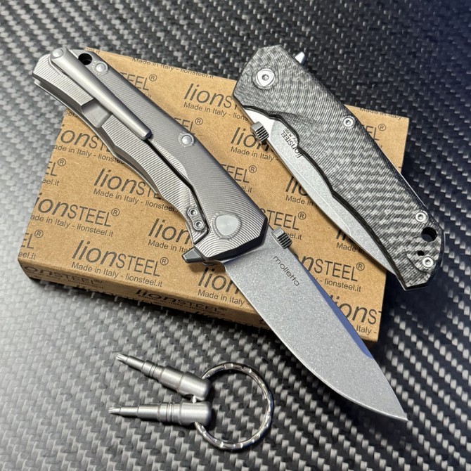 LionSteel Three Rapid Folder Knife 2.95" M390 Blade, Matte Titanium/Carbon Fiber Handles