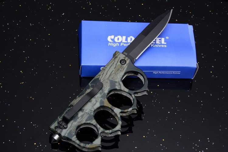 CS Camo Boxing Knuckles Folding Knife 3.35" 7Cr17 Plain Blade, Aluminum Alloy Handles