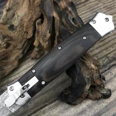 F125 Horizontal Fast Opening Auto Knife 3.54" Damascus Plain Blade, Wooden Handles