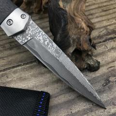 F125 Horizontal Fast Opening Auto Knife 3.54" Damascus Plain Blade, Wooden Handles