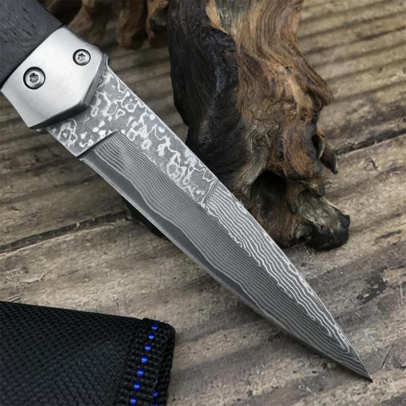 F125 Horizontal Fast Opening Auto Knife 3.54" Damascus Plain Blade, Wooden Handles