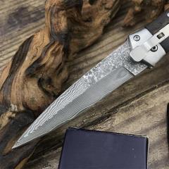 F125 Horizontal Fast Opening Auto Knife 3.54" Damascus Plain Blade, Wooden Handles