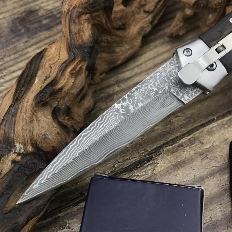 F125 Horizontal Fast Opening Auto Knife 3.54" Damascus Plain Blade, Wooden Handles