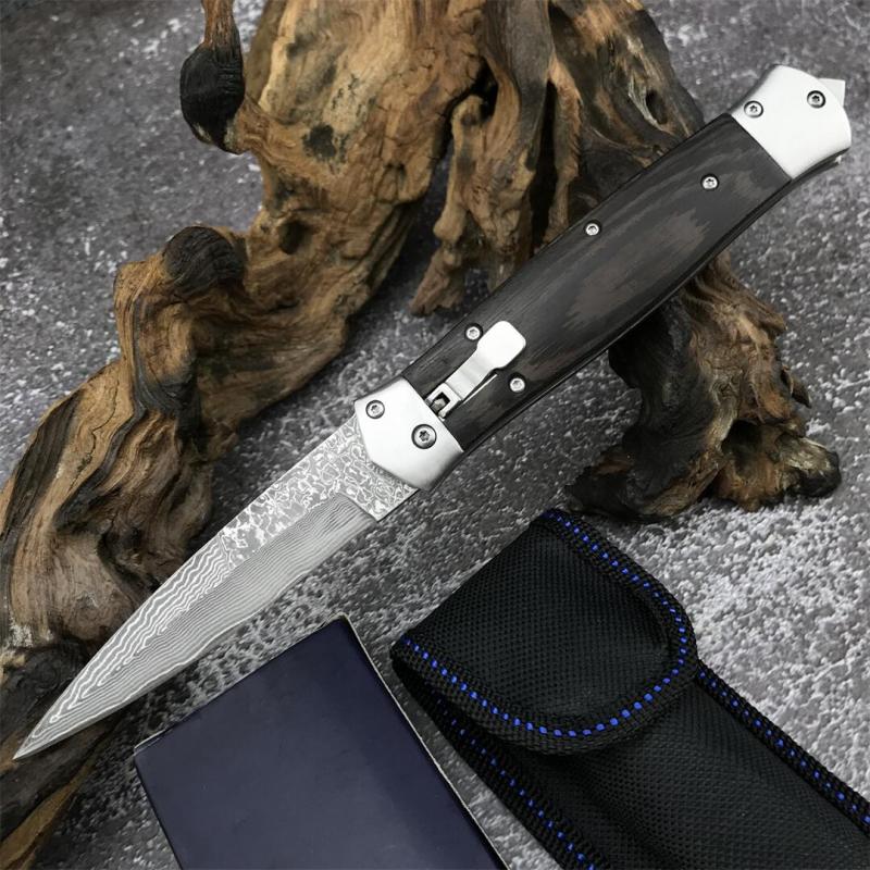F125 Horizontal Fast Opening Auto Knife 3.54" Damascus Plain Blade, Wooden Handles