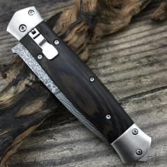 F125 Horizontal Fast Opening Auto Knife 3.54" Damascus Plain Blade, Wooden Handles