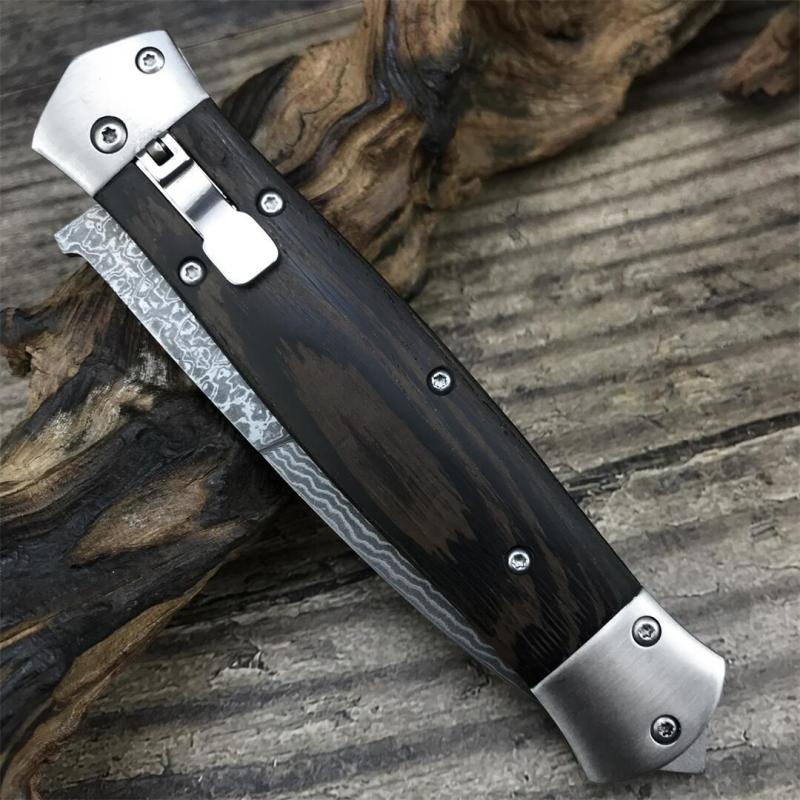 F125 Horizontal Fast Opening Auto Knife 3.54" Damascus Plain Blade, Wooden Handles