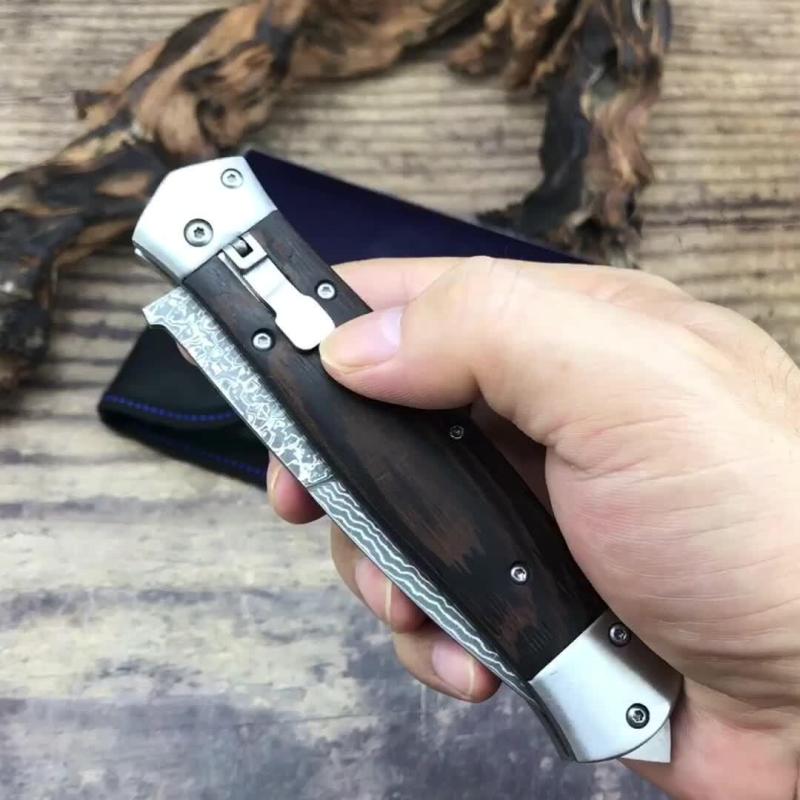 F125 Horizontal Fast Opening Auto Knife 3.54" Damascus Plain Blade, Wooden Handles