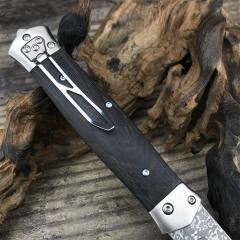 F125 Horizontal Fast Opening Auto Knife 3.54" Damascus Plain Blade, Wooden Handles