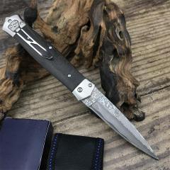 F125 Horizontal Fast Opening Auto Knife 3.54" Damascus Plain Blade, Wooden Handles