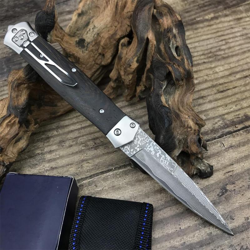 F125 Horizontal Fast Opening Auto Knife 3.54" Damascus Plain Blade, Wooden Handles