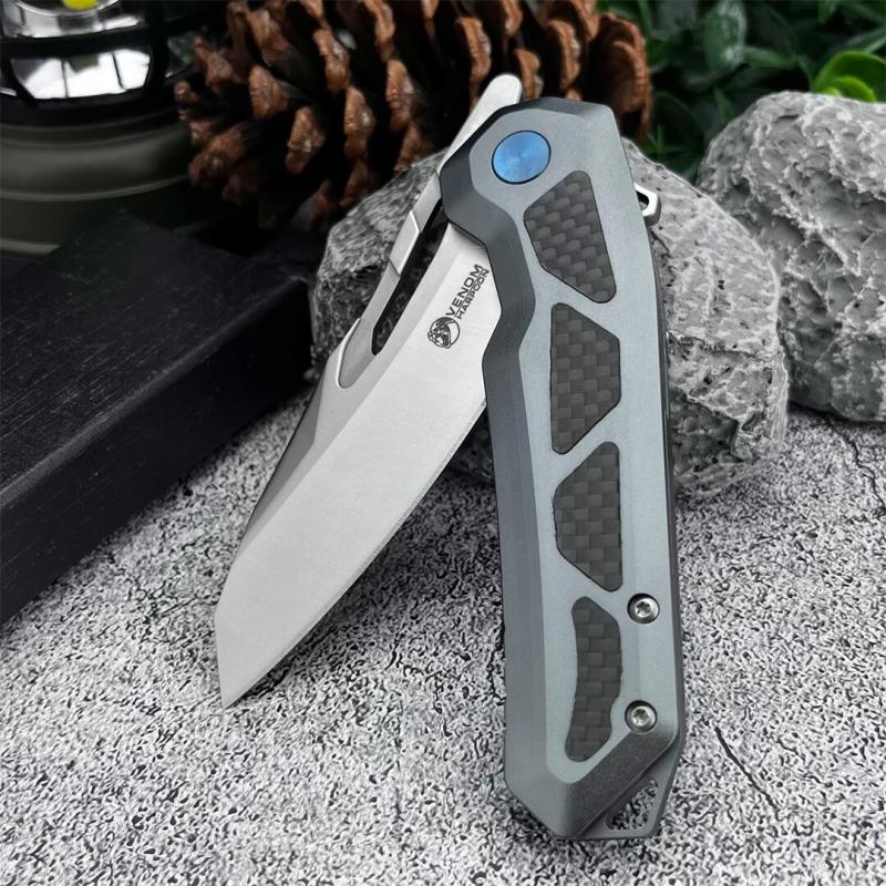 KV-Venom Folding Knife 3.54" D2 Satin Drop Point Blade, Carbon Fiber + Aluminum Handles
