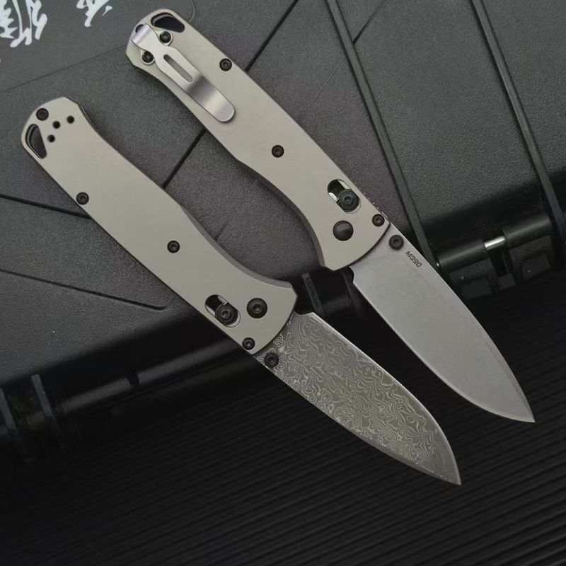 BM 535 Bugout AXIS Folding Knife 3.15" Damascus/D2 Satin Plain Blade, TC4 Handles