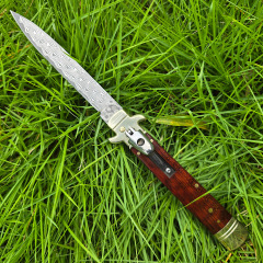 Italy Classical Plus Leverletto 9'' AKC OTF AUTO Knife 3.54" Damascus Steel Blade, Brass+OX Horn/Wood Handles