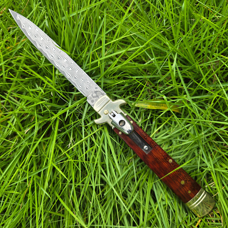 Italy Classical Plus Leverletto 9'' AKC OTF AUTO Knife 3.54" Damascus Steel Blade, Brass+OX Horn/Wood Handles