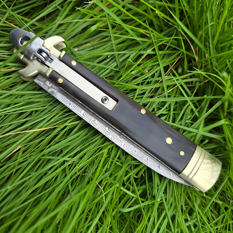 Italy Classical Plus Leverletto 9'' AKC OTF AUTO Knife 3.54" Damascus Steel Blade, Brass+OX Horn/Wood Handles