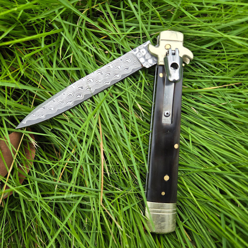 Italy Classical Plus Leverletto 9'' AKC OTF AUTO Knife 3.54" Damascus Steel Blade, Brass+OX Horn/Wood Handles