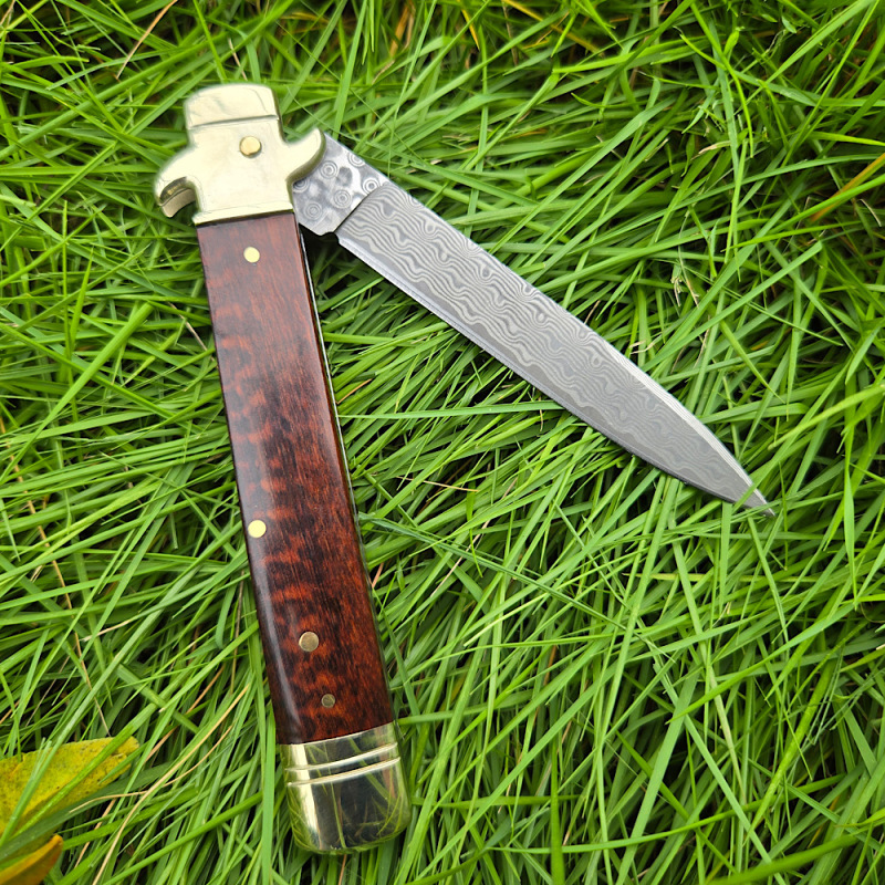 Italy Classical Plus Leverletto 9'' AKC OTF AUTO Knife 3.54" Damascus Steel Blade, Brass+OX Horn/Wood Handles