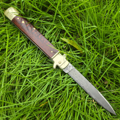 Italy Classical Plus Leverletto 9'' AKC OTF AUTO Knife 3.54" Damascus Steel Blade, Brass+OX Horn/Wood Handles
