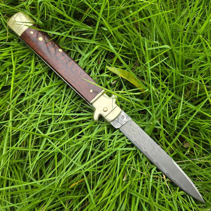 Italy Classical Plus Leverletto 9'' AKC OTF AUTO Knife 3.54" Damascus Steel Blade, Brass+OX Horn/Wood Handles