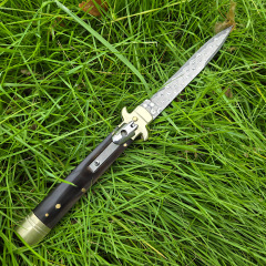 Italy Classical Plus Leverletto 9'' AKC OTF AUTO Knife 3.54" Damascus Steel Blade, Brass+OX Horn/Wood Handles