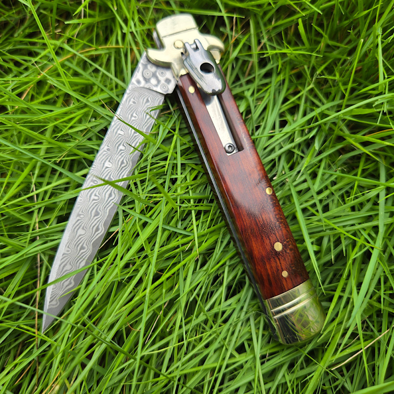 Italy Classical Plus Leverletto 9'' AKC OTF AUTO Knife 3.54" Damascus Steel Blade, Brass+OX Horn/Wood Handles