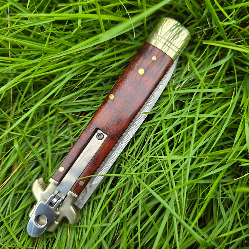 Italy Classical Plus Leverletto 9'' AKC OTF AUTO Knife 3.54" Damascus Steel Blade, Brass+OX Horn/Wood Handles