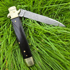 Italy Classical Plus Leverletto 9'' AKC OTF AUTO Knife 3.54" Damascus Steel Blade, Brass+OX Horn/Wood Handles