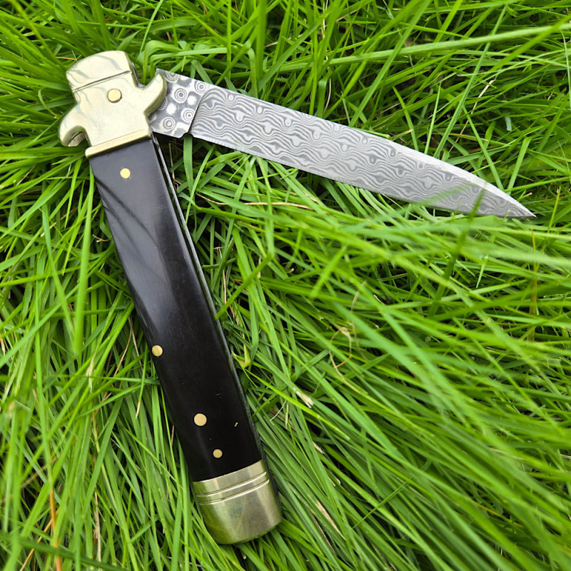 Italy Classical Plus Leverletto 9'' AKC OTF AUTO Knife 3.54" Damascus Steel Blade, Brass+OX Horn/Wood Handles