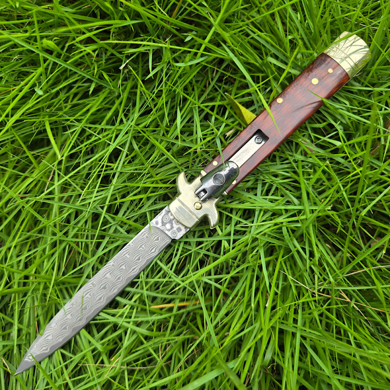 Italy Classical Plus Leverletto 9'' AKC OTF AUTO Knife 3.54" Damascus Steel Blade, Brass+OX Horn/Wood Handles
