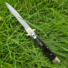 Italy Classical Plus Leverletto 9'' AKC OTF AUTO Knife 3.54" Damascus Steel Blade, Brass+OX Horn/Wood Handles