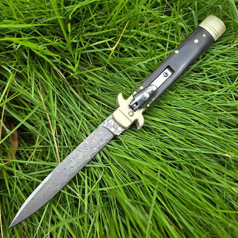Italy Classical Plus Leverletto 9'' AKC OTF AUTO Knife 3.54" Damascus Steel Blade, Brass+OX Horn/Wood Handles