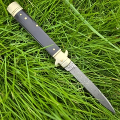 Italy Classical Plus Leverletto 9'' AKC OTF AUTO Knife 3.54" Damascus Steel Blade, Brass+OX Horn/Wood Handles
