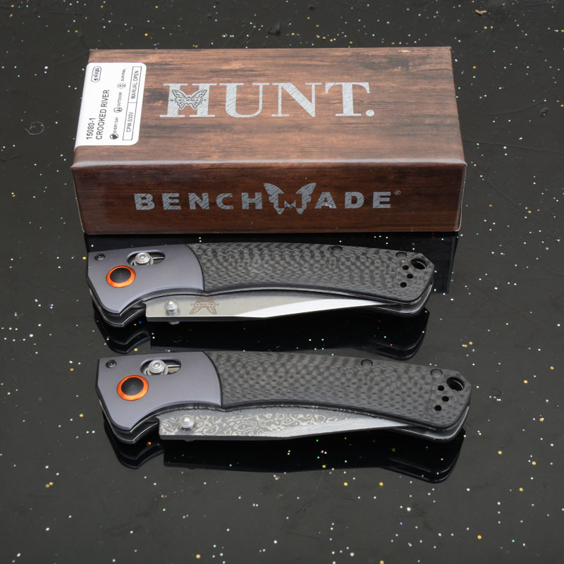 BM 15080-1 Hunt Crooked River Folding 3.97" S30V/Damascus Clip Point Blade, Carbon Fiber Handles