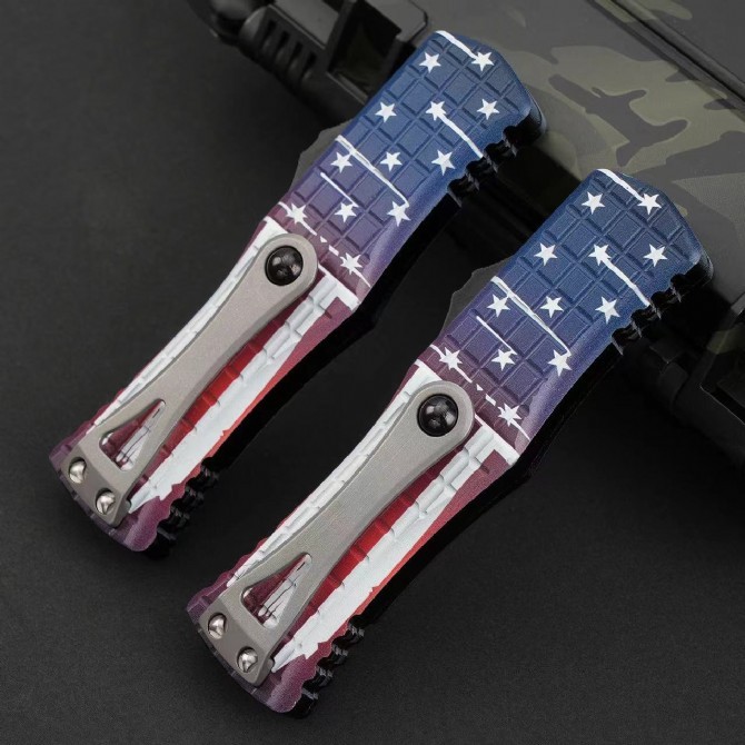 MT Hera OTF AUTO Knife 3.14" D2 Double Edge Blade, American flag Aviation Aluminum Handles