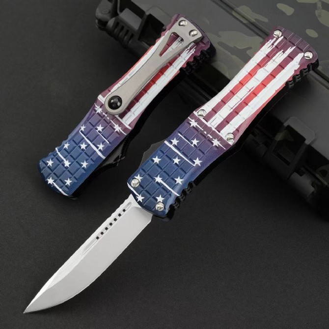 MT Hera OTF AUTO Knife 3.14" D2 Double Edge Blade, American flag Aviation Aluminum Handles