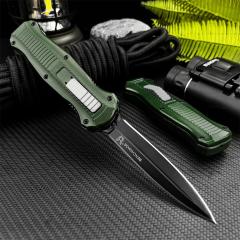 BM 3300BK Infidel Dagger AUTO OTF Knife 3.74" D2 Double Edge Blade, Green Zinc Alumnium Alloy Handles