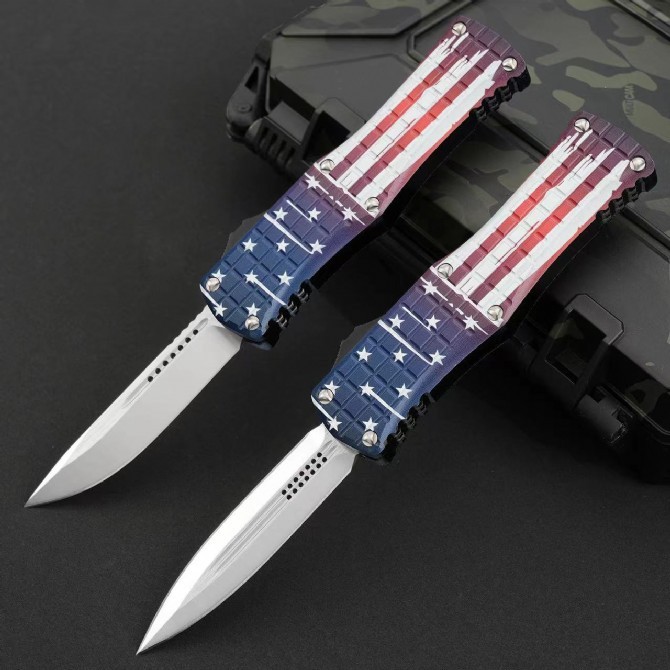 MT Hera OTF AUTO Knife 3.14" D2 Double Edge Blade, American flag Aviation Aluminum Handles