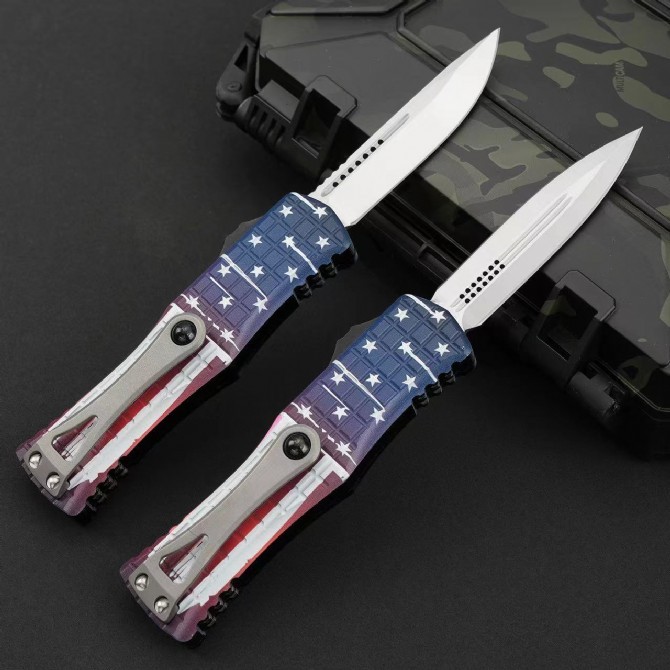 MT Hera OTF AUTO Knife 3.14" D2 Double Edge Blade, American flag Aviation Aluminum Handles