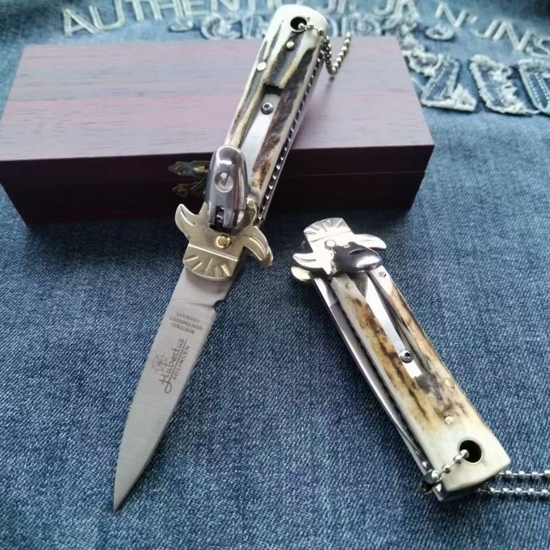 Italy AKC Leverletto By Bill DeShivs OTF AUTO Knife 2.44'' D2 Steel Blade, Natural Antler Handles