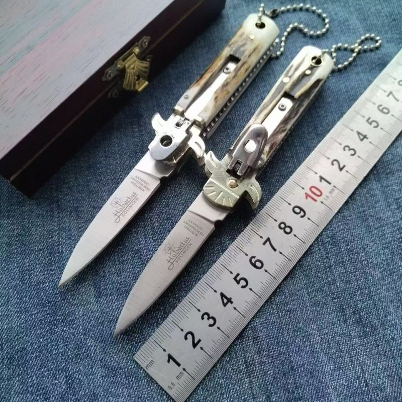 Italy AKC Leverletto By Bill DeShivs OTF AUTO Knife 2.44'' D2 Steel Blade, Natural Antler Handles