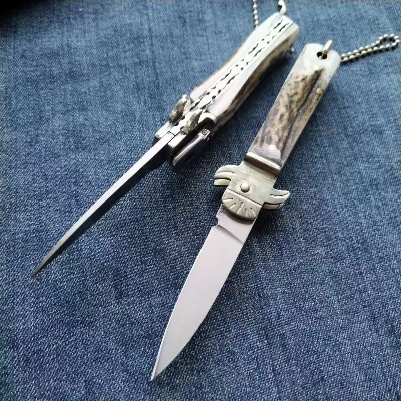 Italy AKC Leverletto By Bill DeShivs OTF AUTO Knife 2.44'' D2 Steel Blade, Natural Antler Handles