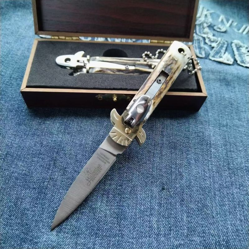 Italy AKC Leverletto By Bill DeShivs OTF AUTO Knife 2.44'' D2 Steel Blade, Natural Antler Handles
