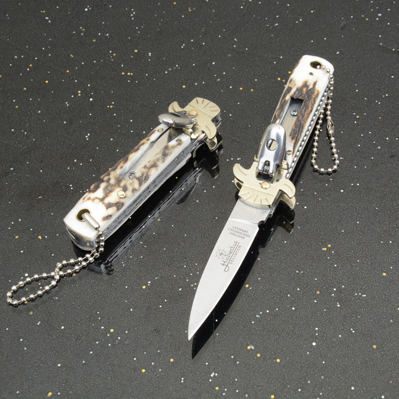 Italy AKC Leverletto By Bill DeShivs OTF AUTO Knife 2.44'' D2 Steel Blade, Natural Antler Handles