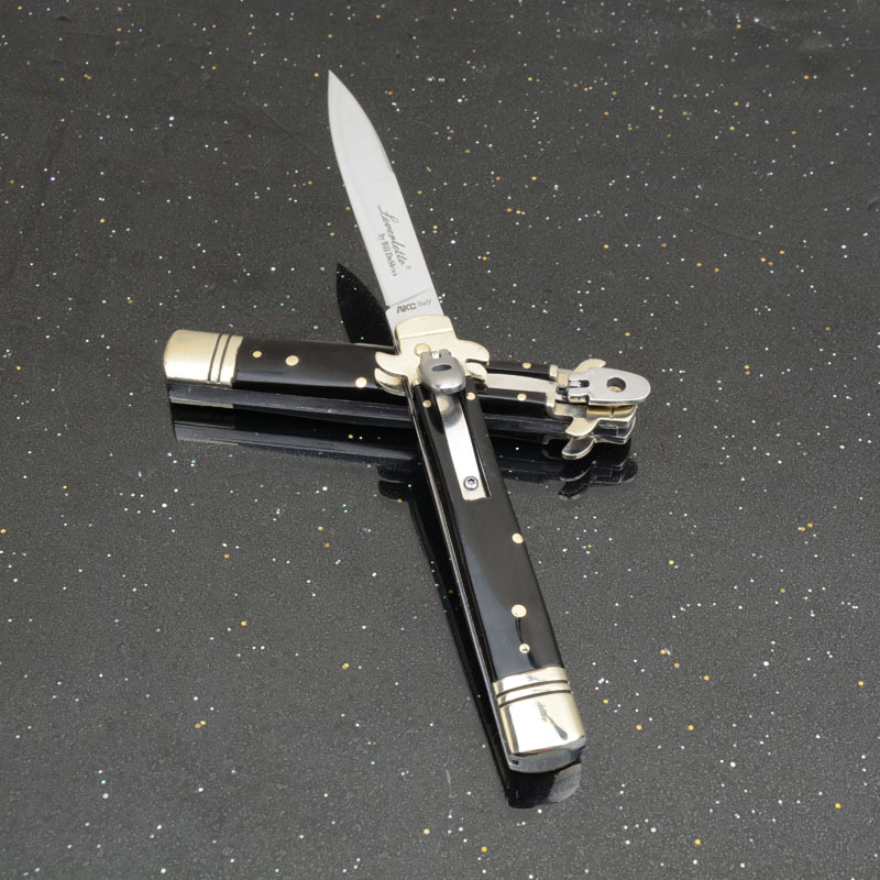 Italy Classical 9'' AKC Leverletto OTF AUTO Knife 3.54" D2 Steel Blade, OX Horn Handles