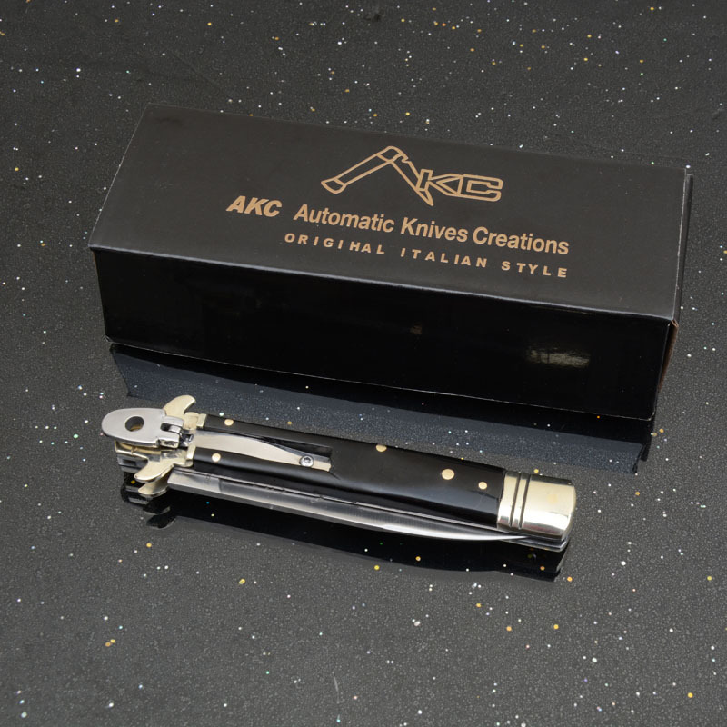 Italy Classical 9'' AKC Leverletto OTF AUTO Knife 3.54" D2 Steel Blade, OX Horn Handles