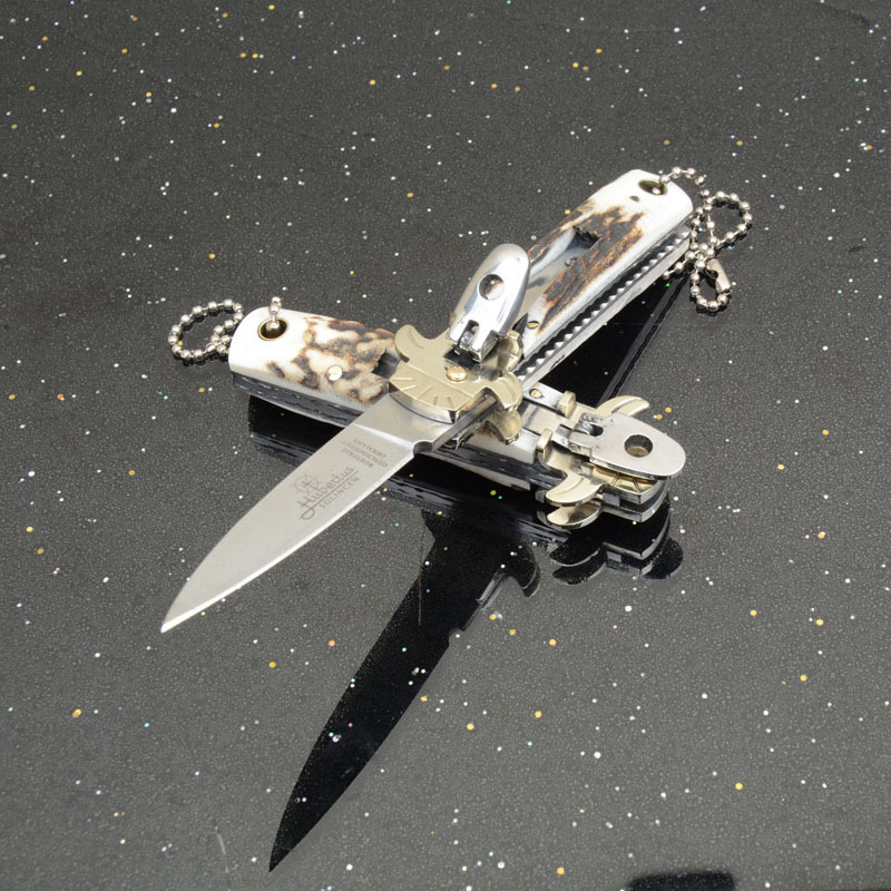 Italy AKC Leverletto By Bill DeShivs OTF AUTO Knife 2.44'' D2 Steel Blade, Natural Antler Handles