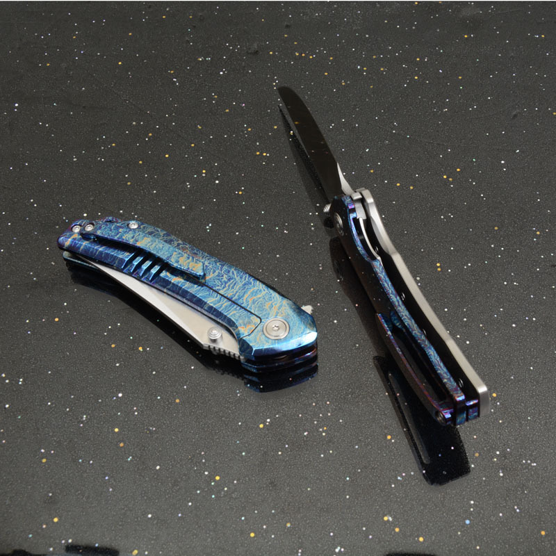 Titanium Folding Blade Knife 3.07" 14C28N Combo Tanto Blade, TC4 Handles