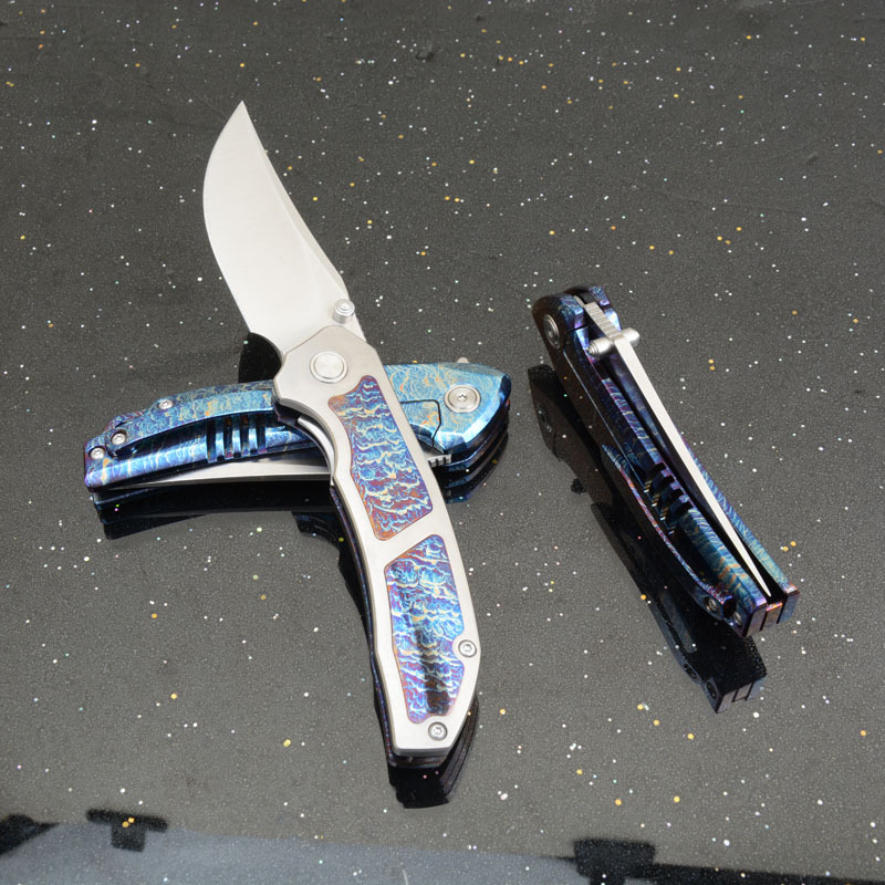 Titanium Folding Blade Knife 3.07" 14C28N Combo Tanto Blade, TC4 Handles